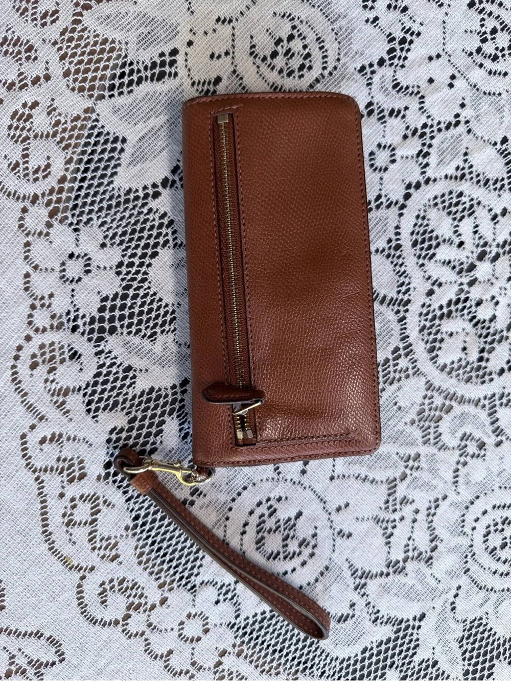 Coach Brown Leather Zip Wristlet with Rainbow Stripe Accent